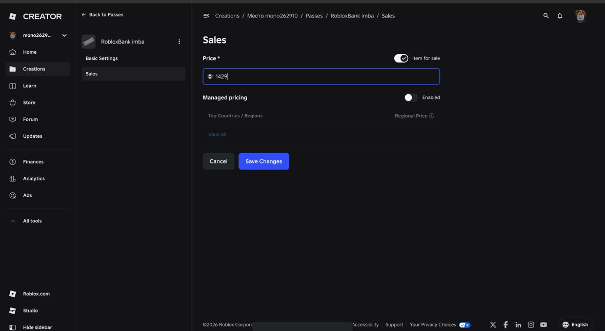 Вкладка Sales на компьютере: Item for sale, Price, Managed pricing, Save Changes