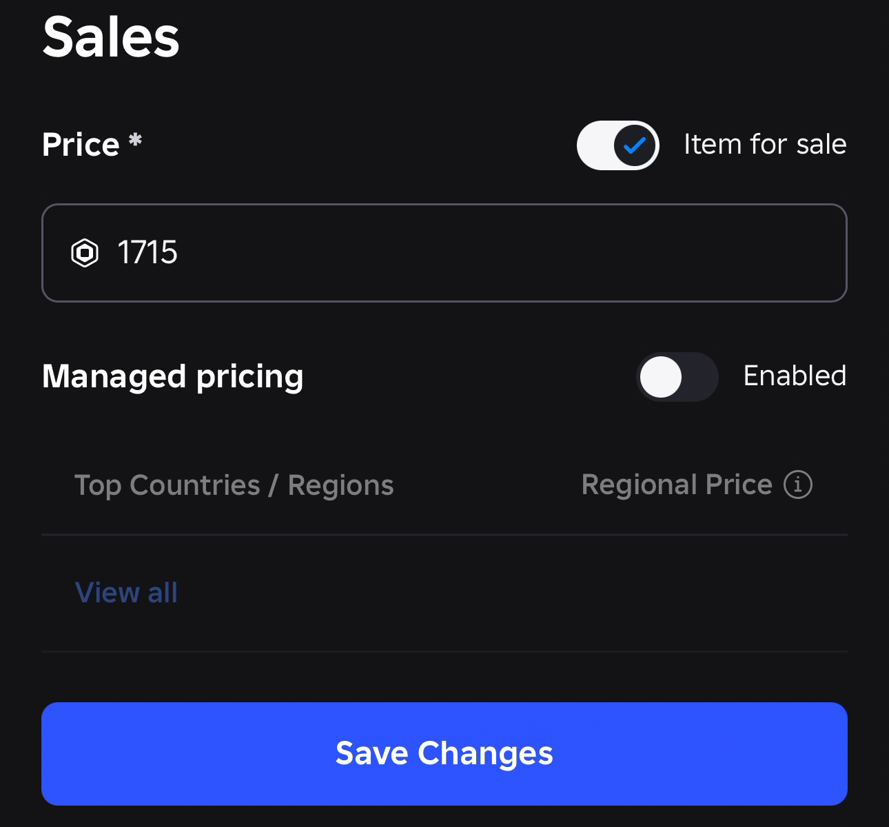 Вкладка Sales: Price, Item for sale, Managed pricing отключён, Save Changes